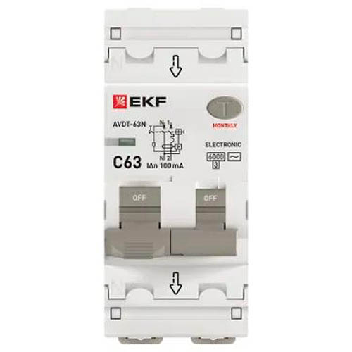 Автоматический выключатель дифференциального тока АВДТ-63N 1P+N 63А 100мА характеристика C тип AC электронный 6кА PROXIMA EKF