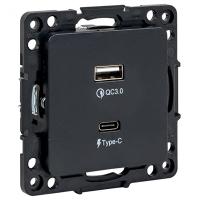купить Стокгольм черный розетка USB type-A+type-C скрытая 2-ая  в Чебоксарах Стокгольм черный розетка USB type-A+type-C скрытая 2-ая