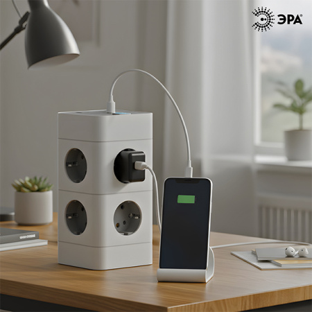 Фильтр сетевой 8-мест 1,5м ПВС 3*1 белый USB ЭРА Башня (2А+2С)