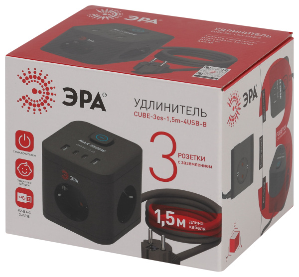 Удлинитель 3-мест 1,5м ПВС 3*1,5 черный 4*USB ЭРА  Куб (2А+2С)
