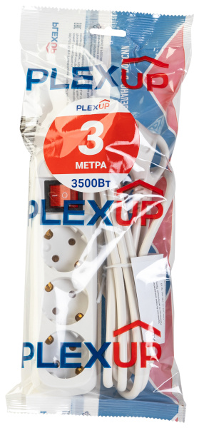 купить Удлинитель 3-мест 3м ПВС 3*1 белый выкл PlexUp   в Чебоксарах Удлинитель 3-мест 3м ПВС 3*1 белый выкл PlexUp