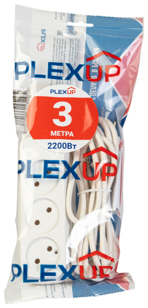 купить Удлинитель 3-мест 3м ПВС 2*0,75 белый PlexUp   в Чебоксарах Удлинитель 3-мест 3м ПВС 2*0,75 белый PlexUp