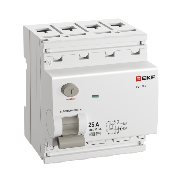 Выключатель дифференциальный (УЗО) 4Р 25А 300мА AC 6кА ВД-100N EKF PROxima