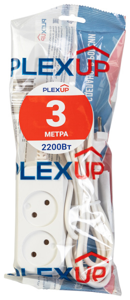 купить Удлинитель 2-мест 3м ПВС 2*0,75 белый PlexUp   в Чебоксарах Удлинитель 2-мест 3м ПВС 2*0,75 белый PlexUp