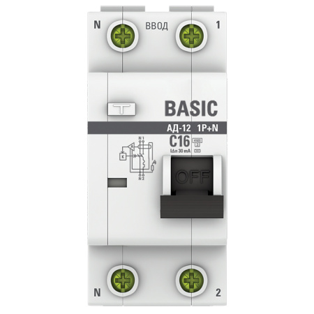 Дифавтомат 2Р 16А C 30мА 4,5кА АД12 2мод EKF Basic