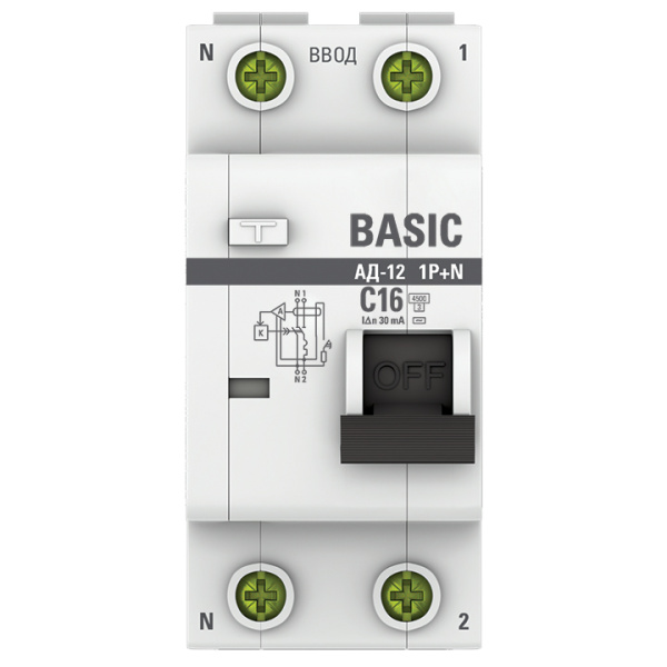 Дифавтомат 2Р 16А C 30мА 4,5кА АД12 2мод EKF Basic