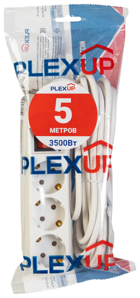 купить Удлинитель 3-мест 5м ПВС 3*1 белый выкл PlexUp   в Чебоксарах Удлинитель 3-мест 5м ПВС 3*1 белый выкл PlexUp