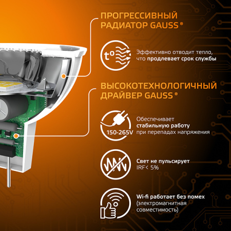 купить Лампа свд 220В GU5.3 9Вт 3000К 830лм MR16 прозрачная Gauss  в Чебоксарах Лампа свд 220В GU5.3 9Вт 3000К 830лм MR16 прозрачная Gauss