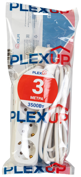 купить Удлинитель 3-мест 3м ПВС 3*1 белый PlexUp в Чебоксарах Удлинитель 3-мест 3м ПВС 3*1 белый PlexUp
