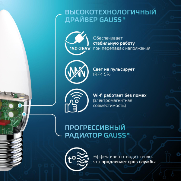 купить Лампа свд 220В E27 9,5Вт 4100К 950лм свеча B35 матовая Gauss  в Чебоксарах Лампа свд 220В E27 9,5Вт 4100К 950лм свеча B35 матовая Gauss