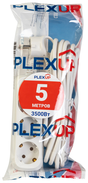 купить Удлинитель 3-мест 5м ПВС 3*1 белый PlexUp   в Чебоксарах Удлинитель 3-мест 5м ПВС 3*1 белый PlexUp