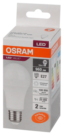 Лампа светодиодная Е27 12Вт 4000К 960лм стандарт А60 матовая  Osram LED Value