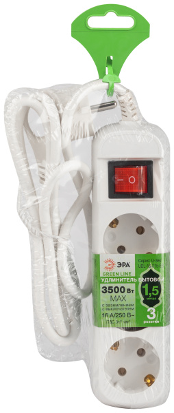 Удлинитель 3-мест 1,5м ПВС 3*1 белый выкл ЭРА  Greenline