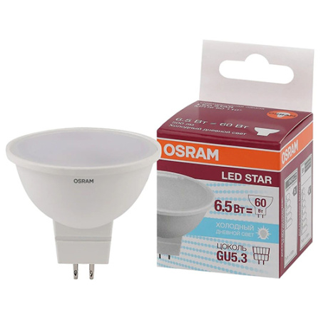 купить Лампа свд 220В GU5.3 6,5Вт 6500К 500лм MR16 матовая Osram LED Star в Чебоксарах Лампа свд 220В GU5.3 6,5Вт 6500К 500лм MR16 матовая Osram LED Star